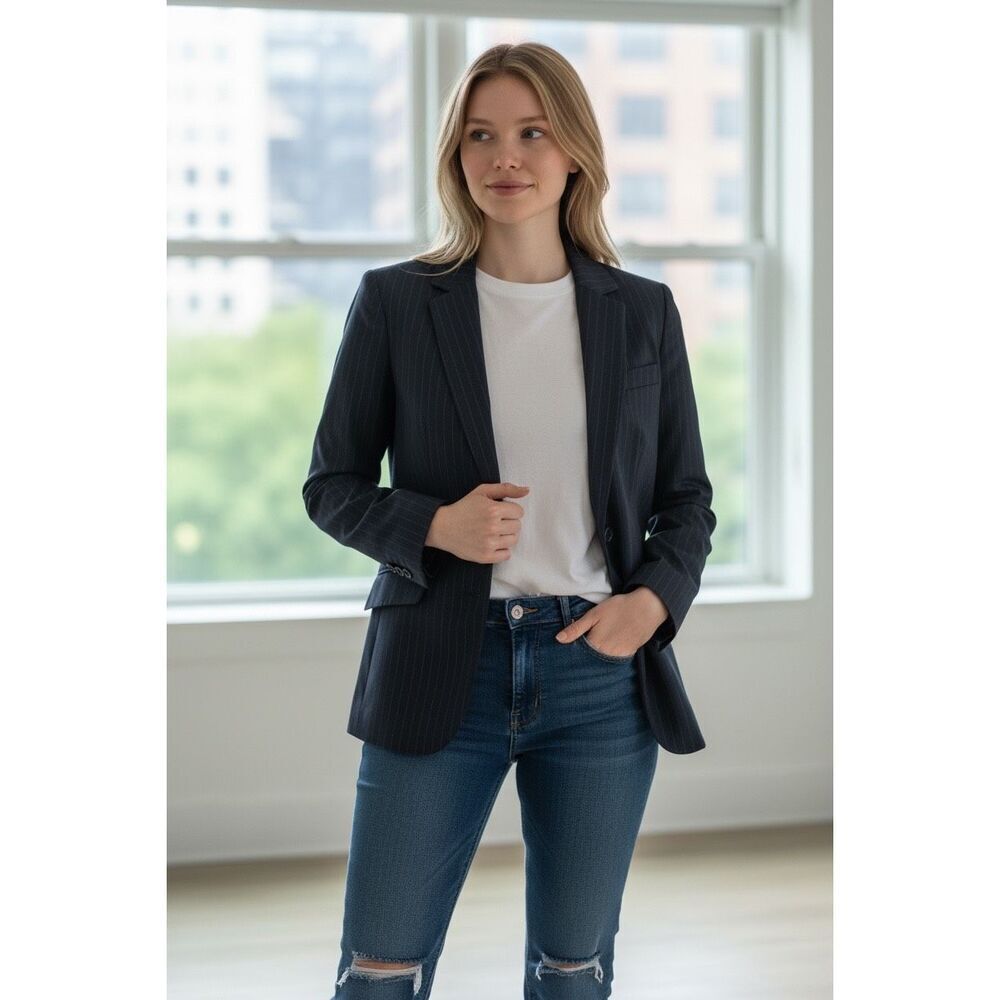 Platinum Anne Klein blazer career suiting work lapels, lining, pinstripe detail